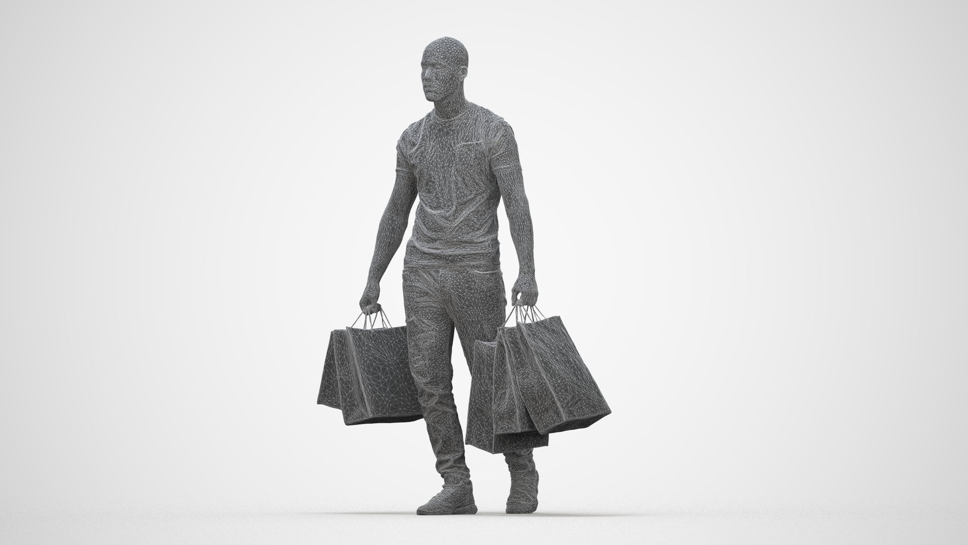 photogrammetry 3D man casual shopping, realistic human model archviz FBX, wireframe back view