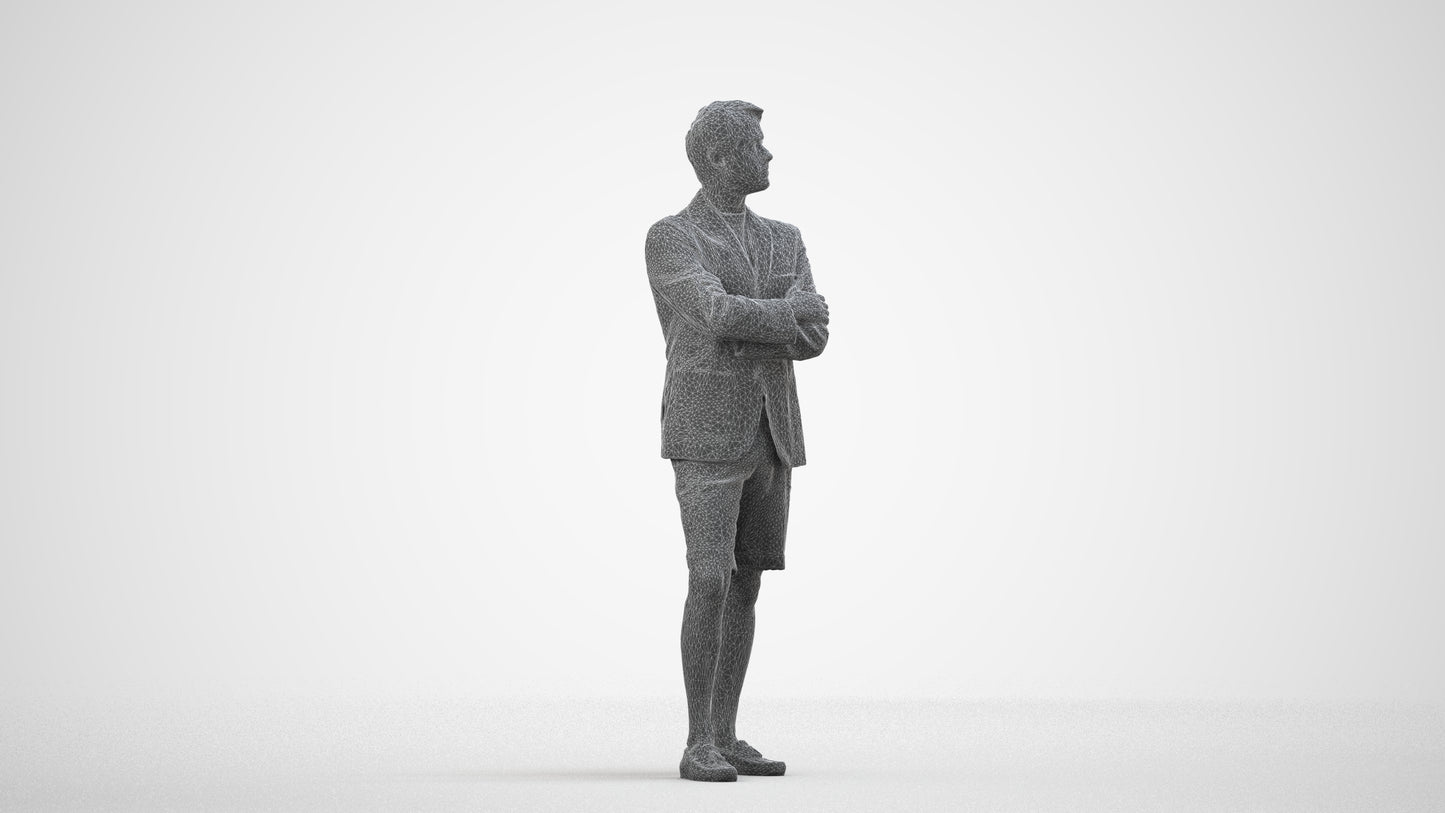 3D human model man business standing, photogrammetry scanned person for archviz, wireframe side view