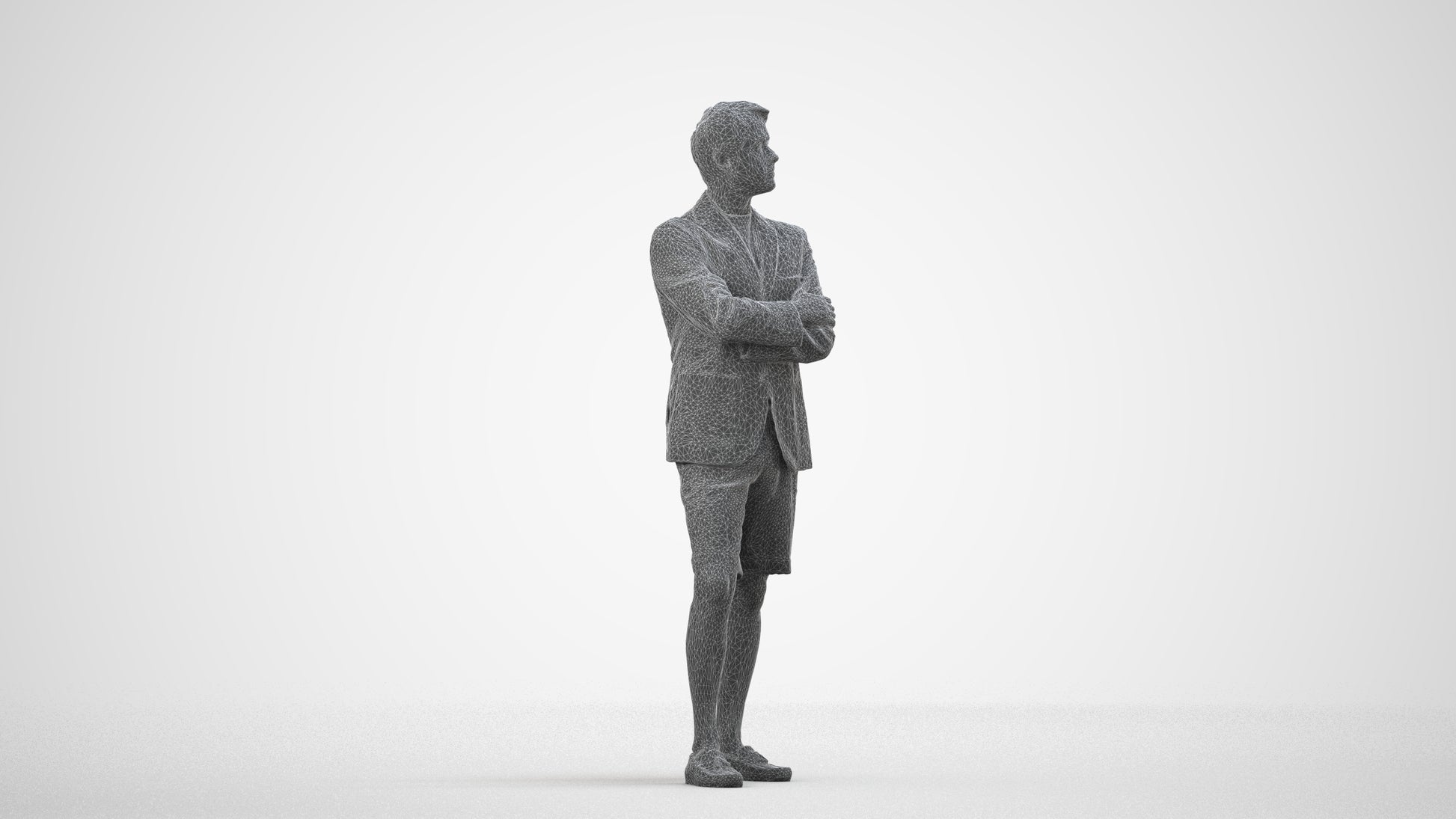 3D human model man business standing, photogrammetry scanned person for archviz, wireframe side view