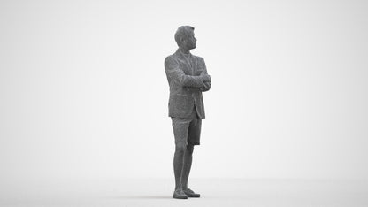 3D human model man business standing, photogrammetry scanned person for archviz, wireframe side view