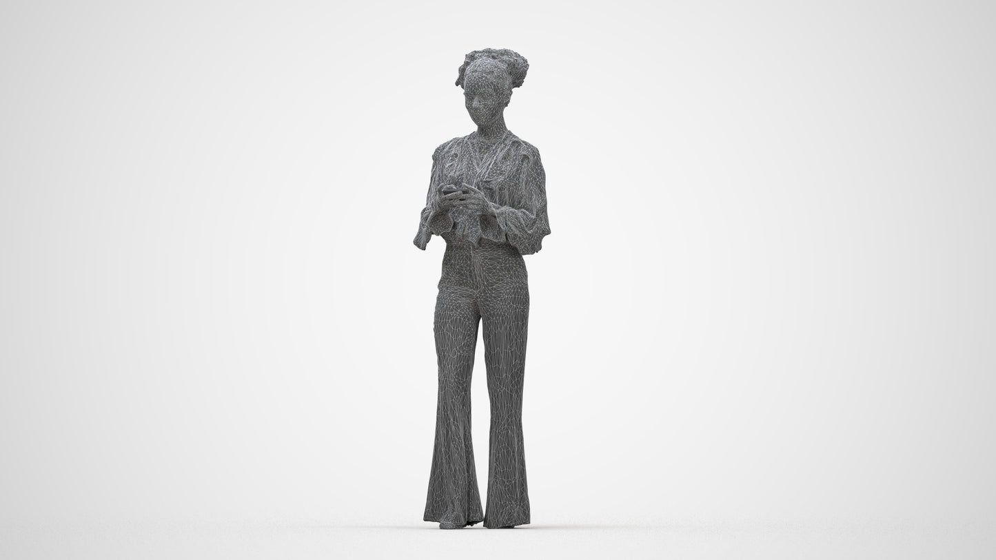 3D human model woman casual standing, photogrammetry scanned person for archviz, wireframe back view