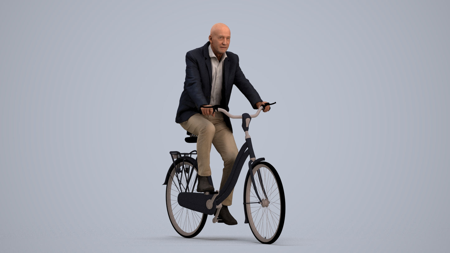 realistic 3D senior man business cycling, scanned archviz people for Blender and 3ds Max, standing pose render