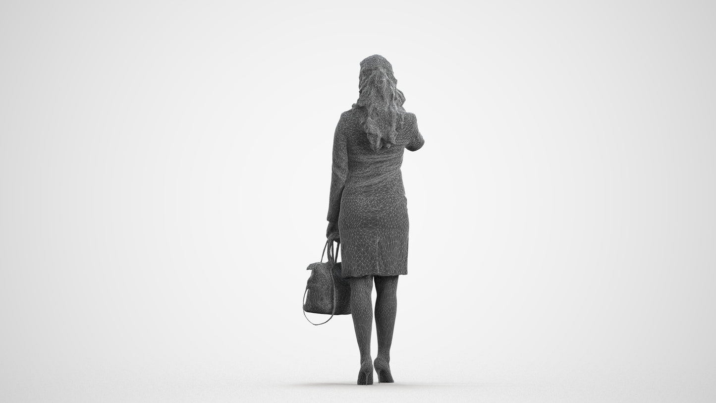 3D scanned woman standing business, photorealistic archviz people for Enscape and SketchUp, wireframe front view