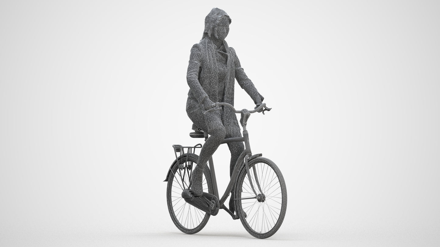 realistic 3D woman casual cycling, scanned archviz people for Blender and 3ds Max, three-quarter front view render