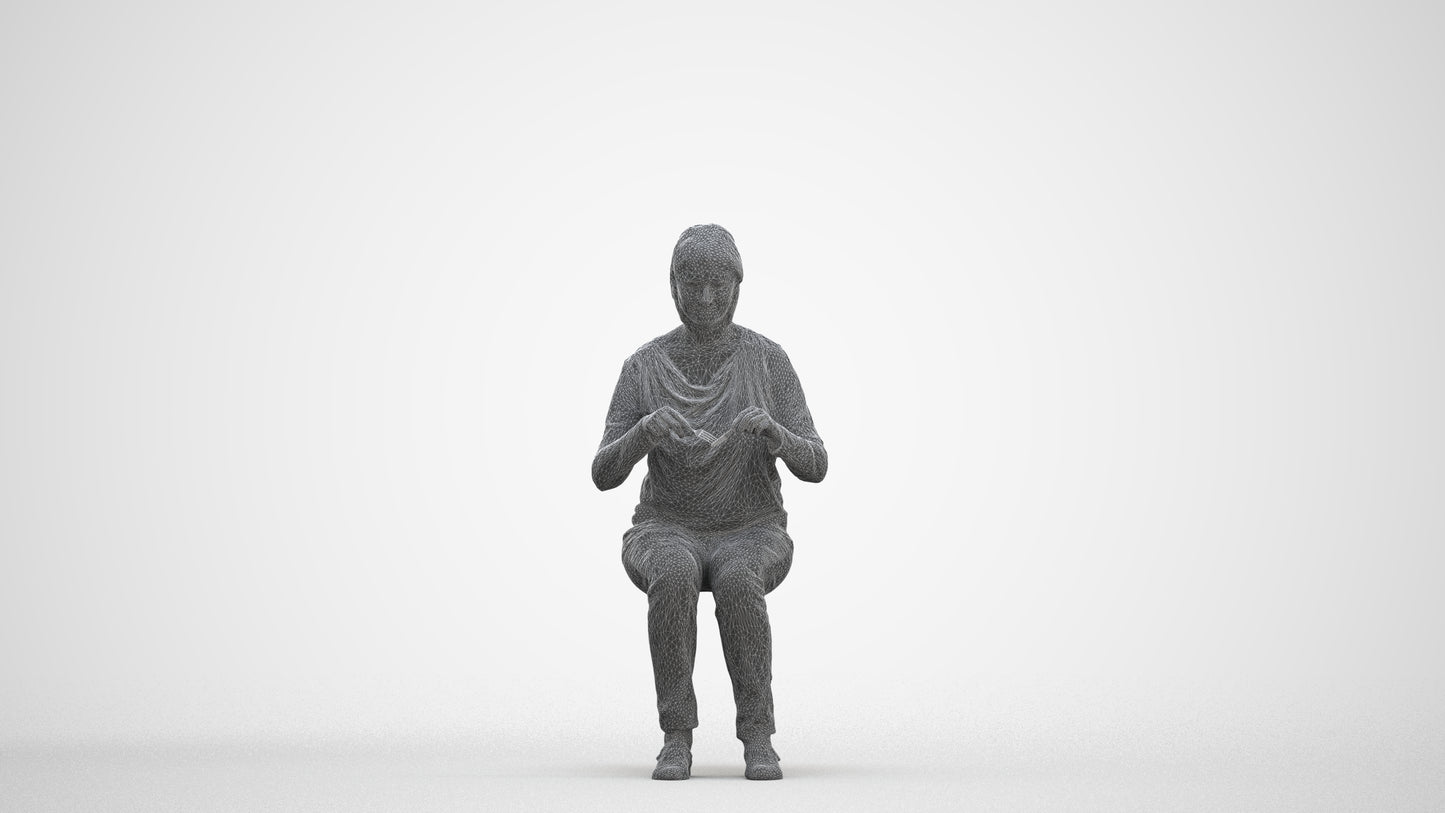 scanned 3D woman casual sitting, photogrammetry people for Enscape and V-Ray, three-quarter front view render