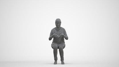 scanned 3D woman casual sitting, photogrammetry people for Enscape and V-Ray, three-quarter front view render