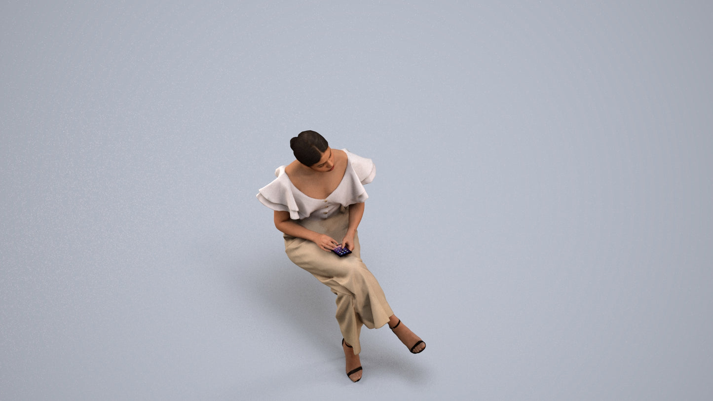 realistic 3D woman business sitting, scanned archviz people for Blender and 3ds Max, back view render