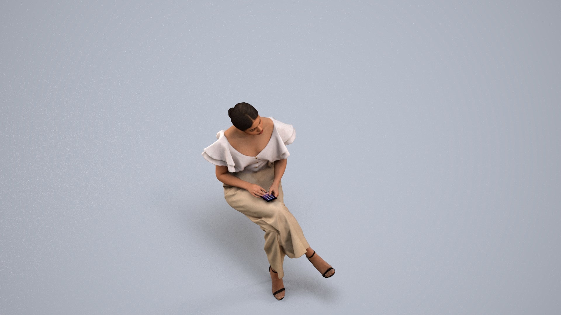 realistic 3D woman business sitting, scanned archviz people for Blender and 3ds Max, back view render