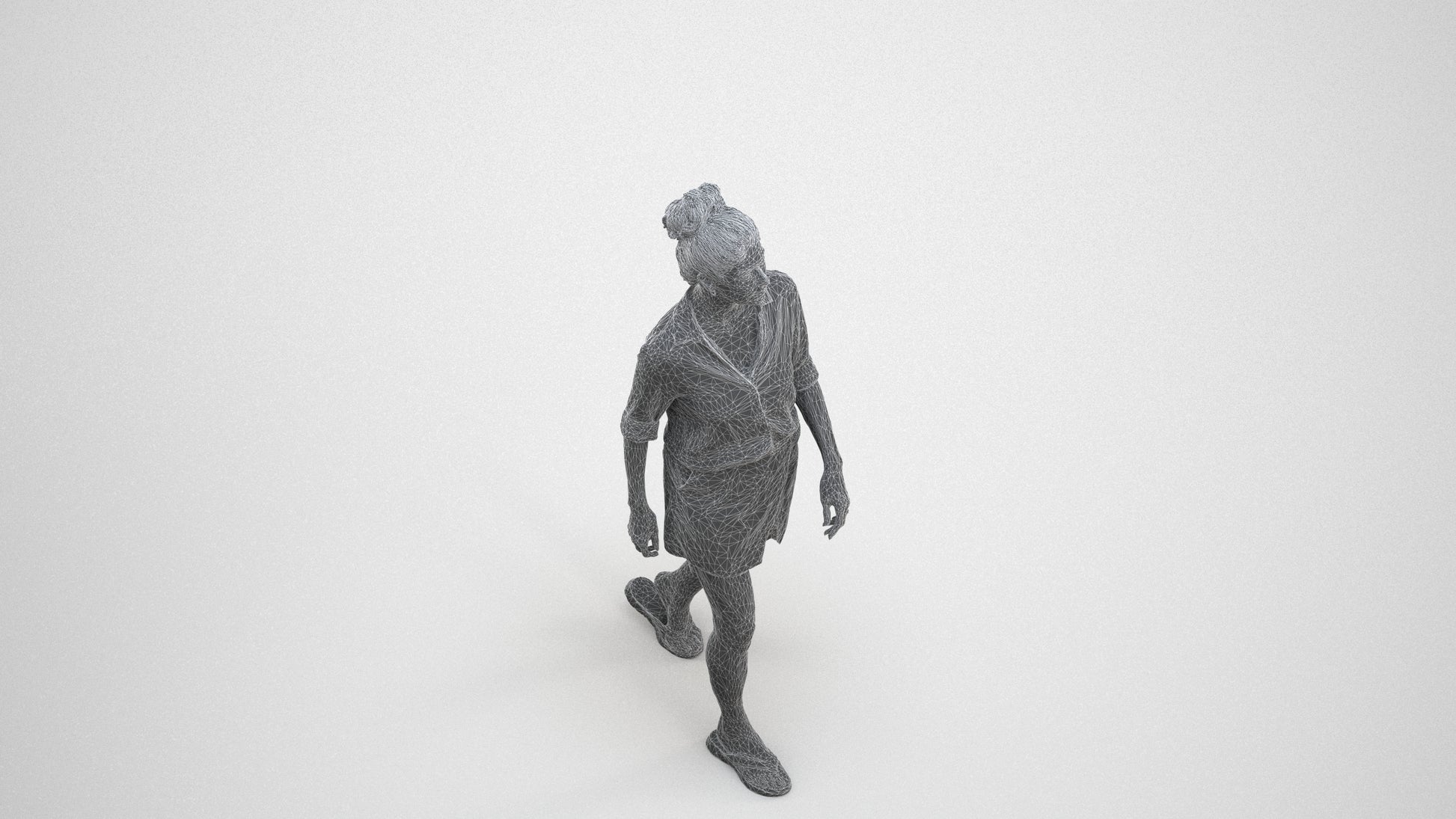 3D human model woman casual standing, photogrammetry scanned person for archviz, wireframe three-quarter view