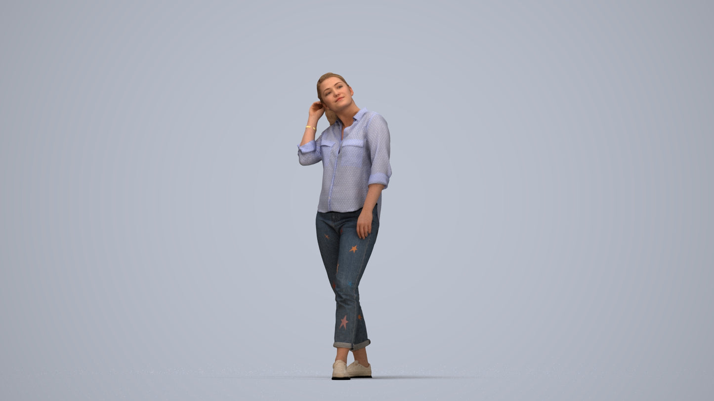 realistic 3D people woman casual standing, render-ready for V-Ray and Corona, FBX OBJ, top-down view render