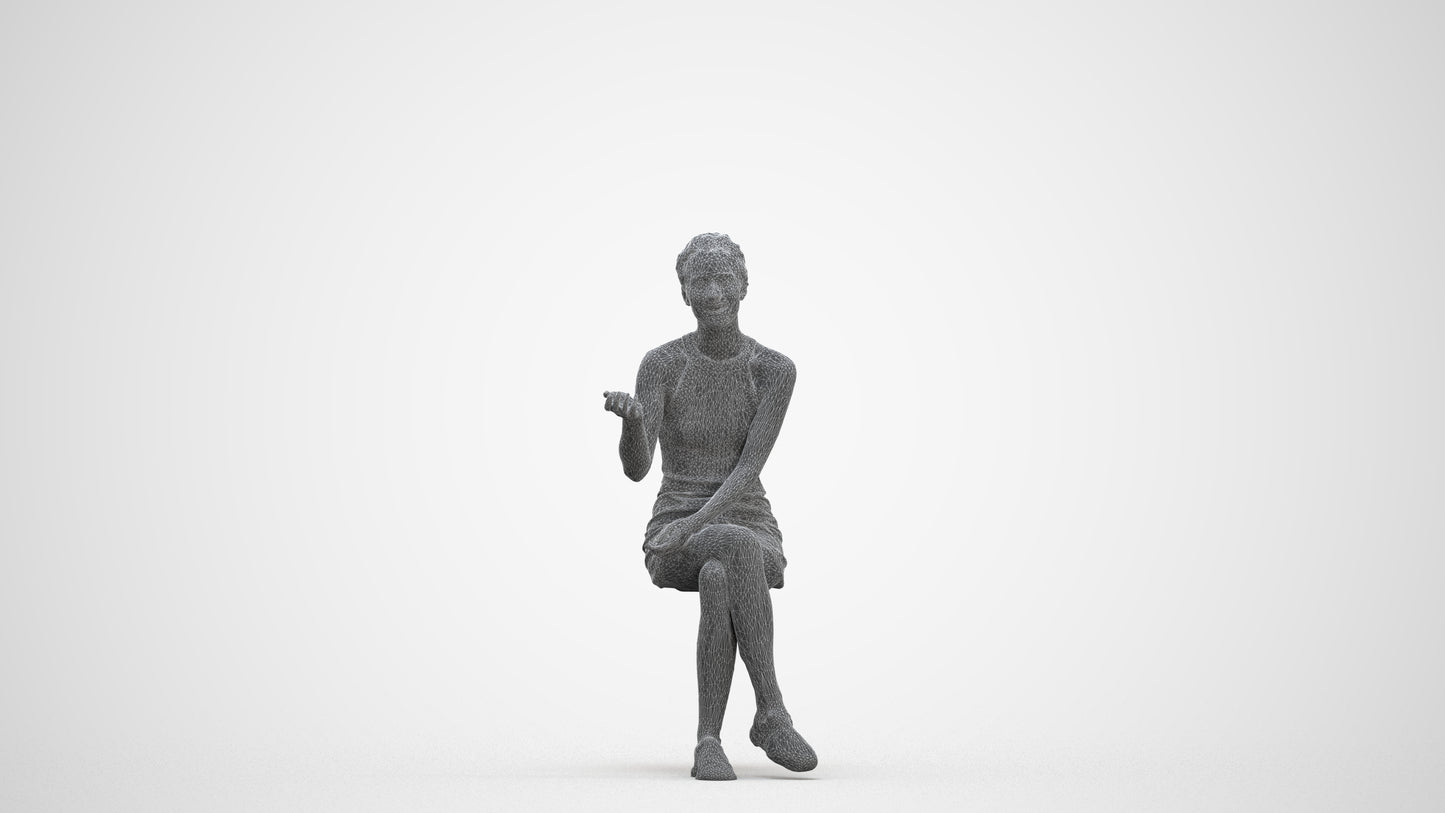 3D scanned woman sitting casual, photorealistic archviz people for Enscape and SketchUp, three-quarter front view render