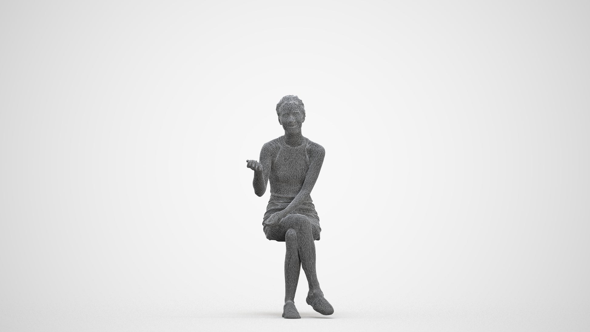 3D scanned woman sitting casual, photorealistic archviz people for Enscape and SketchUp, three-quarter front view render