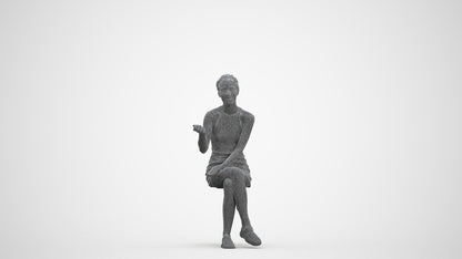 3D scanned woman sitting casual, photorealistic archviz people for Enscape and SketchUp, three-quarter front view render