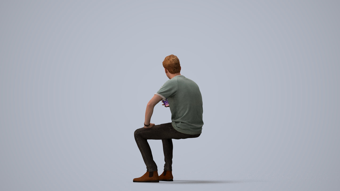 3D human model man casual sitting, photogrammetry scanned person for archviz, three-quarter view render