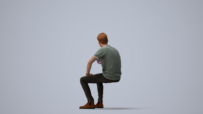 3D human model man casual sitting, photogrammetry scanned person for archviz, three-quarter view render