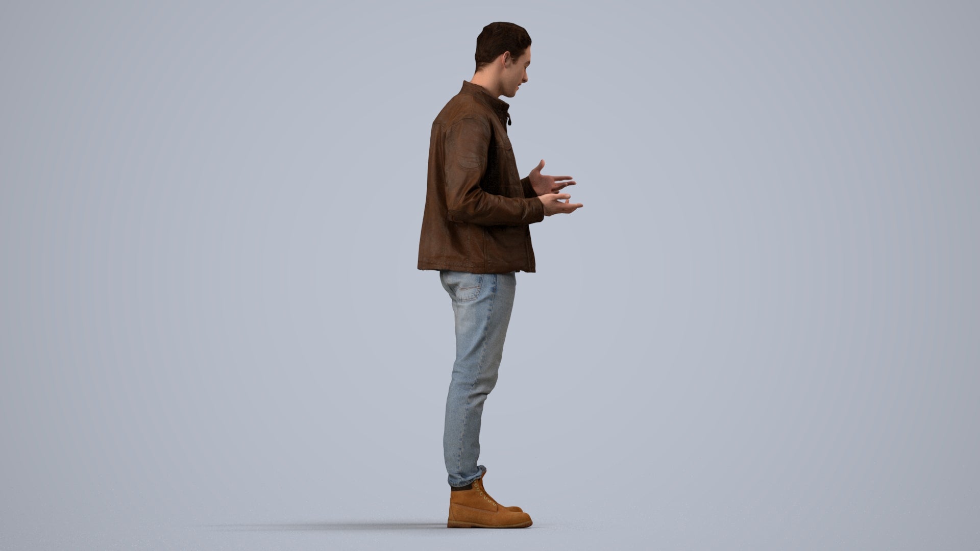 3D human model man casual standing, photogrammetry scanned person for archviz, side view render