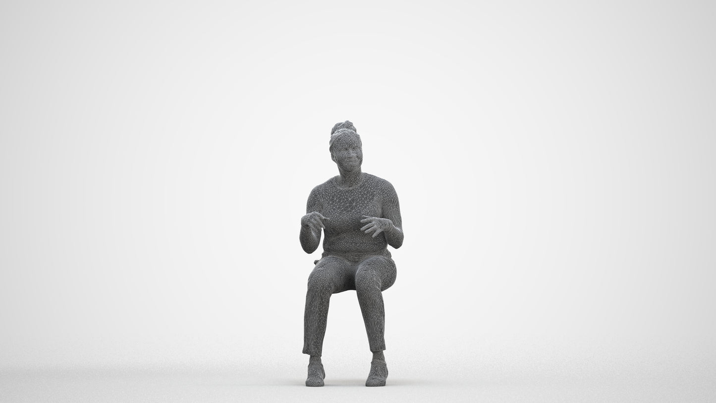 scanned 3D woman casual sitting, photogrammetry people for Enscape and V-Ray, three-quarter front view render