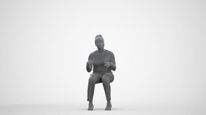 scanned 3D woman casual sitting, photogrammetry people for Enscape and V-Ray, three-quarter front view render