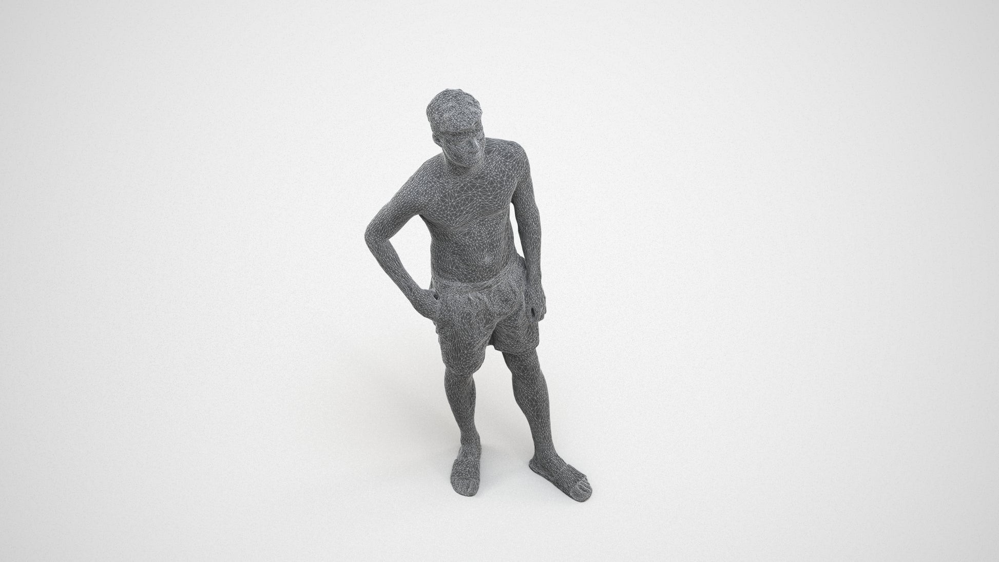 3D people model man pool, scanned human for 3ds Max rendering, wireframe three-quarter view