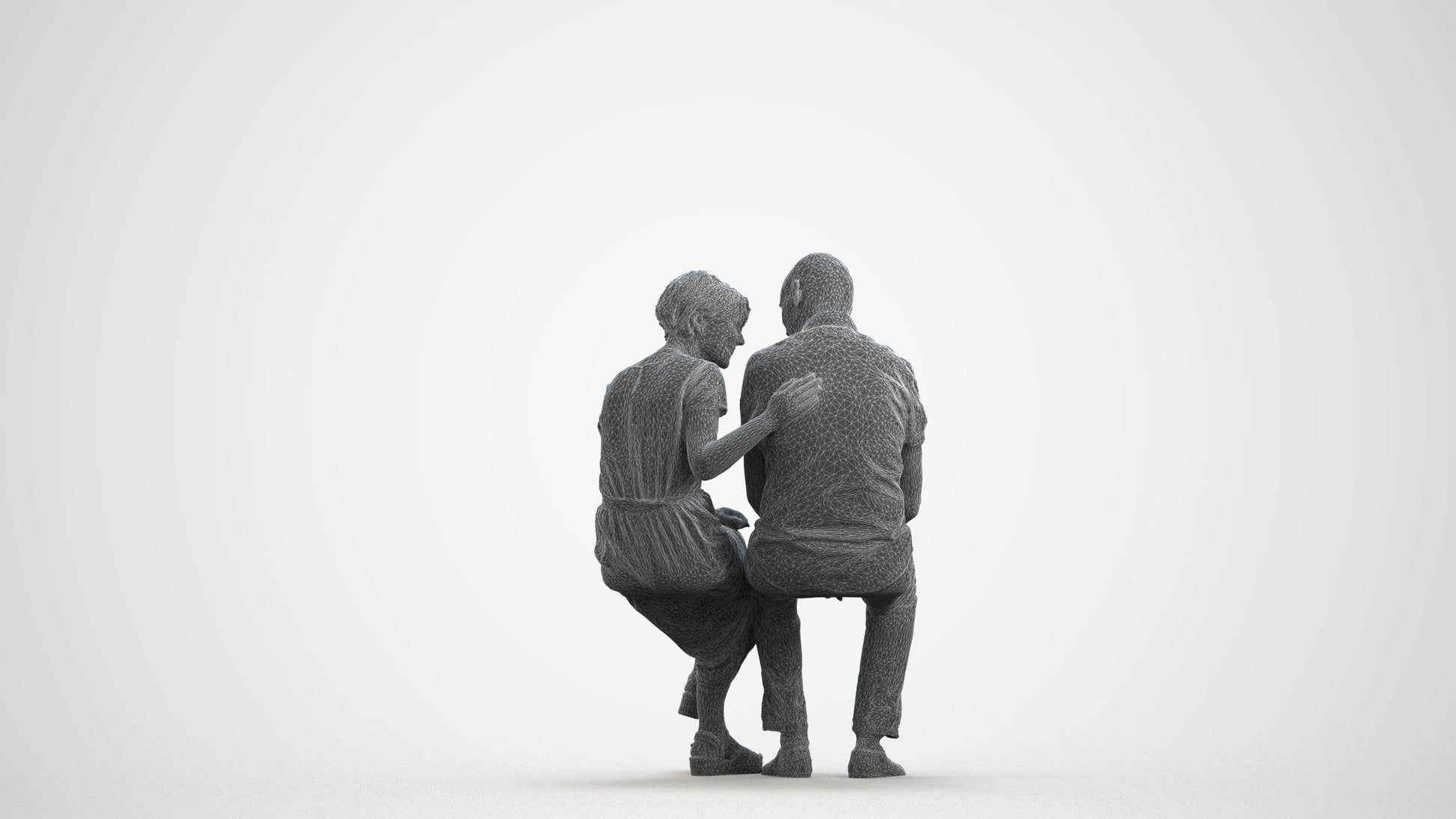 realistic 3D senior woman casual couple, scanned archviz people for Blender and 3ds Max, wireframe front view