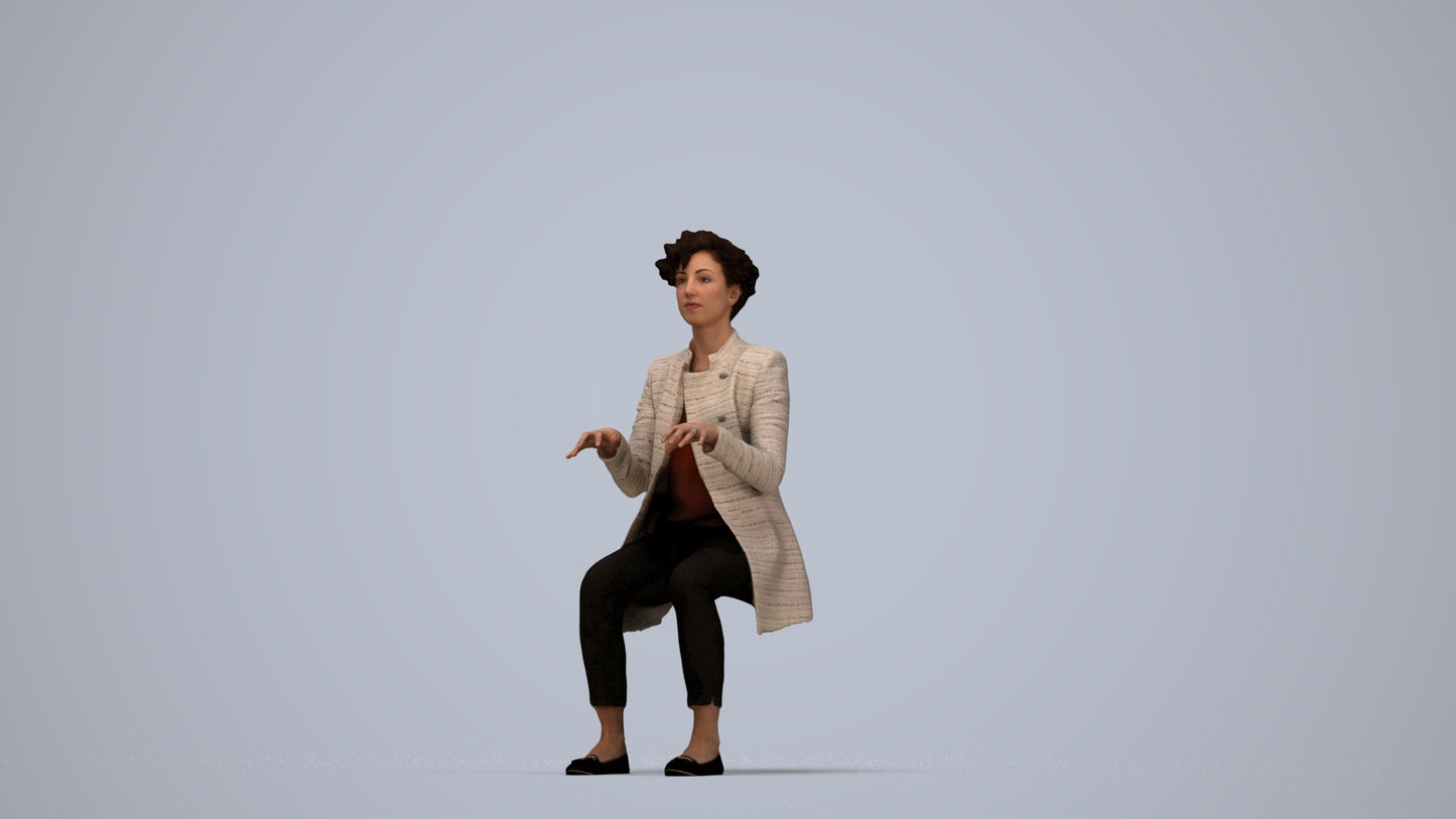 realistic 3D human woman business sitting, archviz people FBX OBJ for Blender, top-down view render