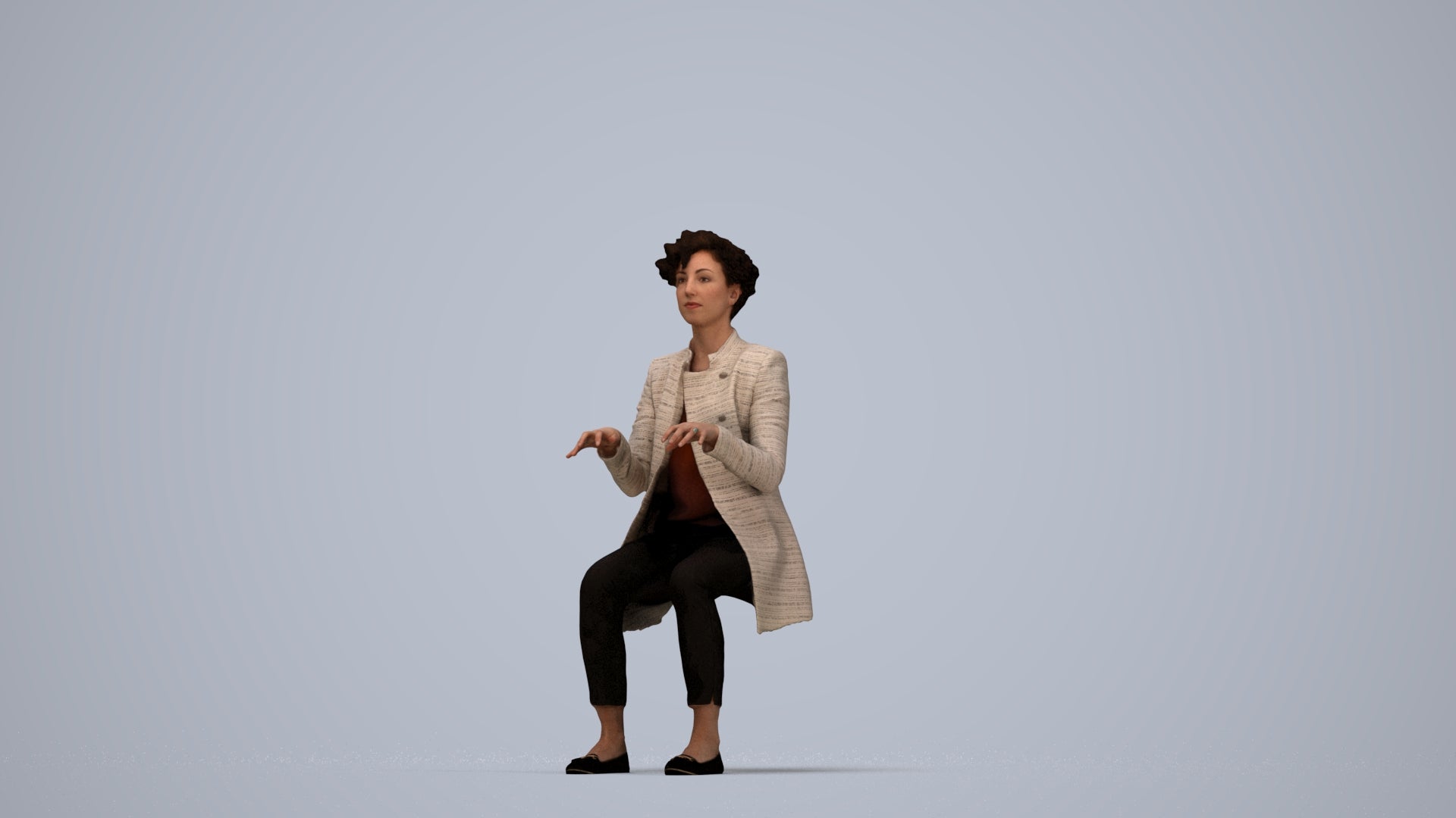 realistic 3D human woman business sitting, archviz people FBX OBJ for Blender, top-down view render