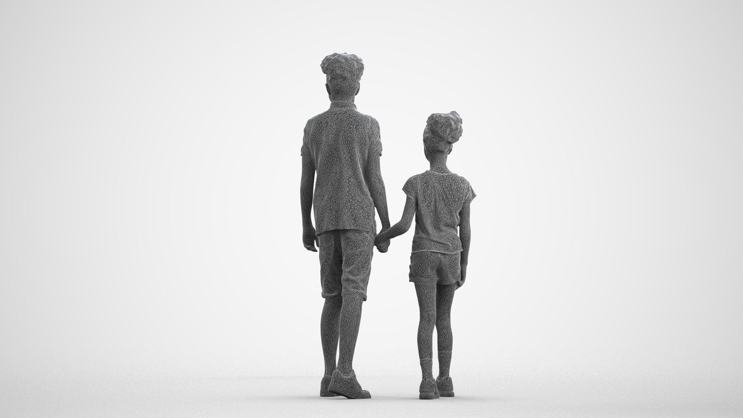3D human model girl casual kids, photogrammetry scanned person for archviz, wireframe front view