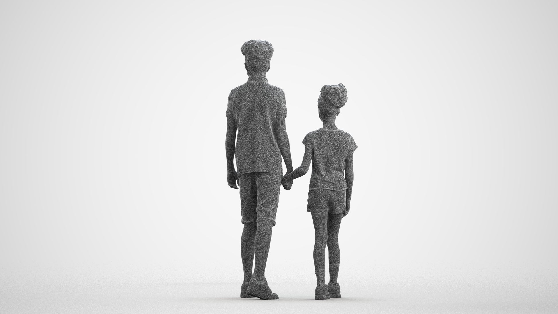 3D human model girl casual kids, photogrammetry scanned person for archviz, wireframe front view