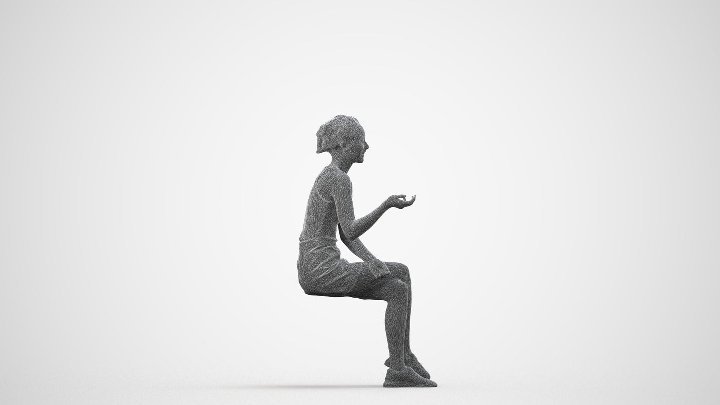 3D scanned woman sitting casual, photorealistic archviz people for Enscape and SketchUp, wireframe side view
