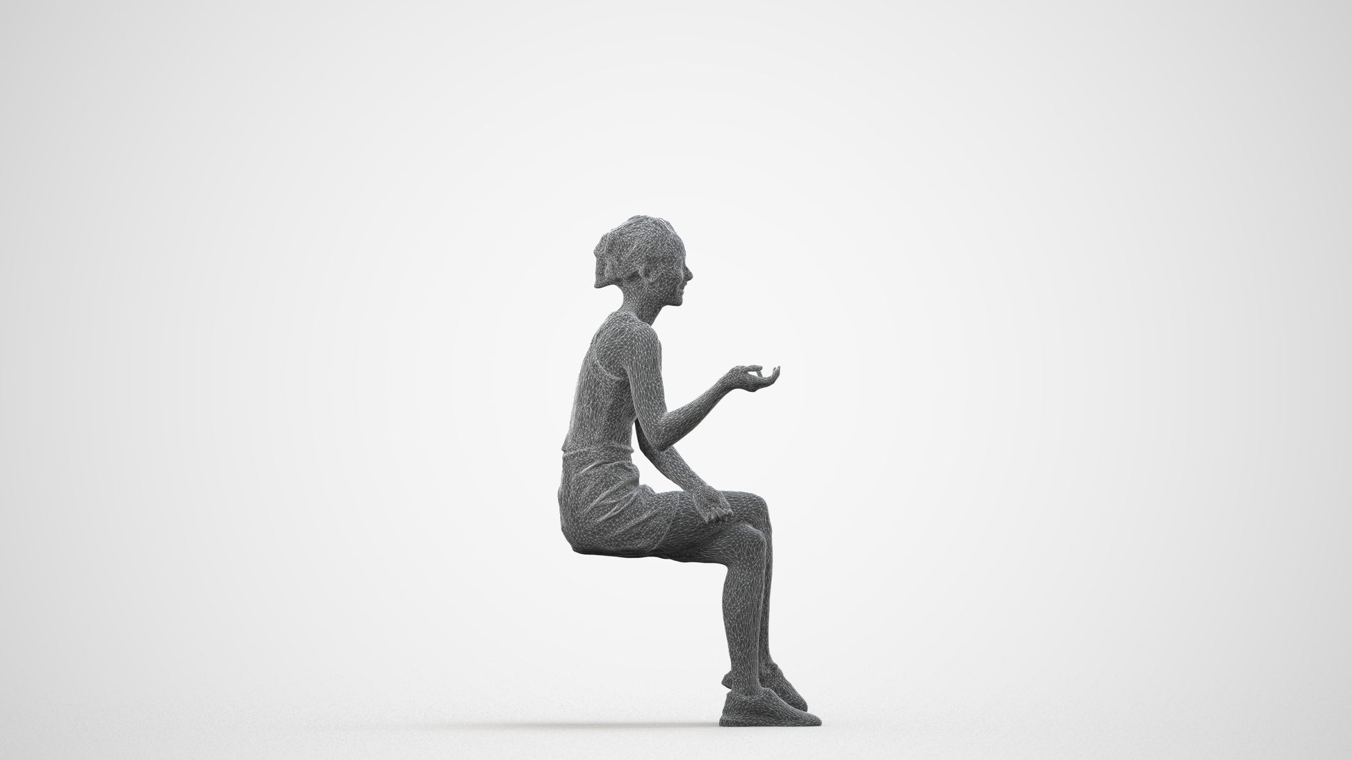 3D scanned woman sitting casual, photorealistic archviz people for Enscape and SketchUp, wireframe side view