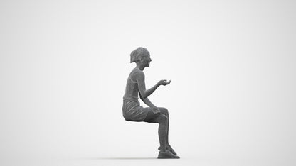 3D scanned woman sitting casual, photorealistic archviz people for Enscape and SketchUp, wireframe side view