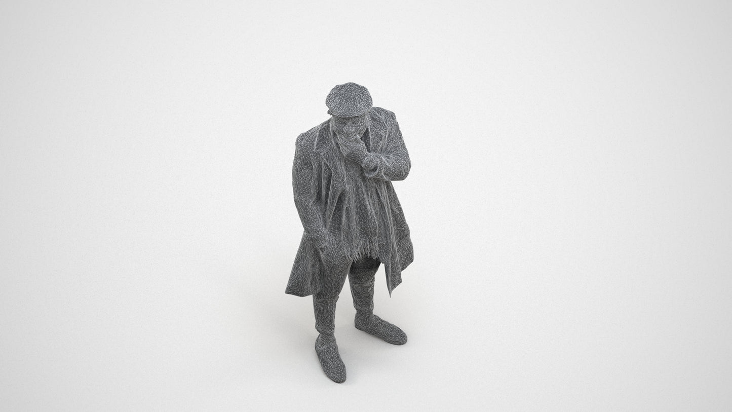 3D human model man casual standing, photogrammetry scanned person for archviz, wireframe three-quarter view