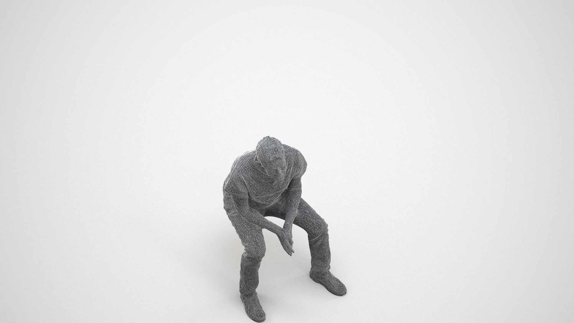 3D people model senior man casual sitting, scanned human for 3ds Max rendering, wireframe three-quarter view