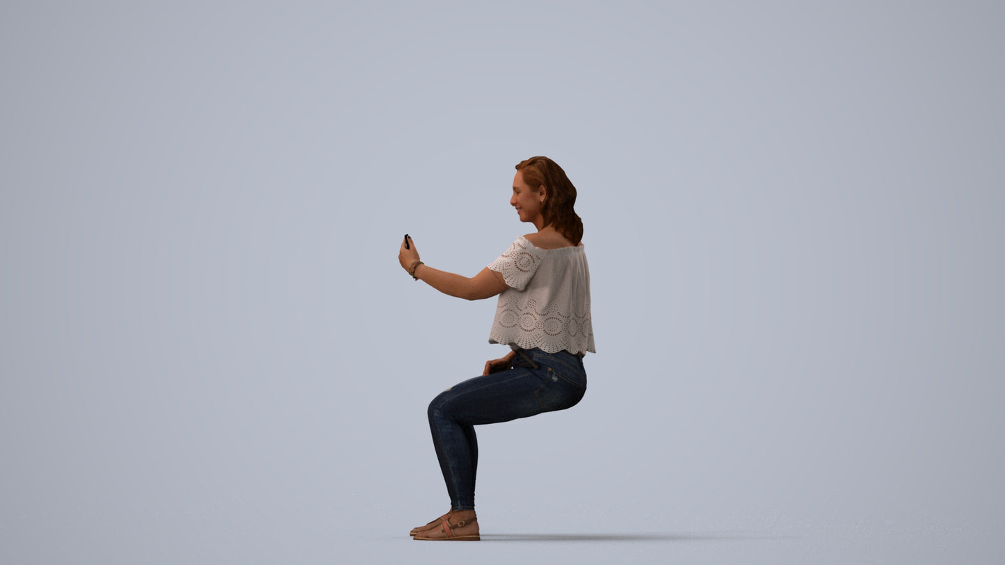 realistic 3D human woman casual sitting, archviz people FBX OBJ for Blender, three-quarter view render