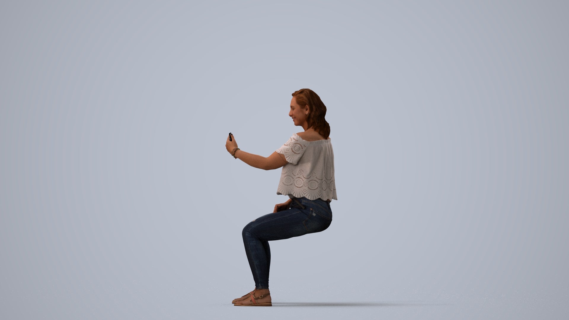 realistic 3D human woman casual sitting, archviz people FBX OBJ for Blender, three-quarter view render