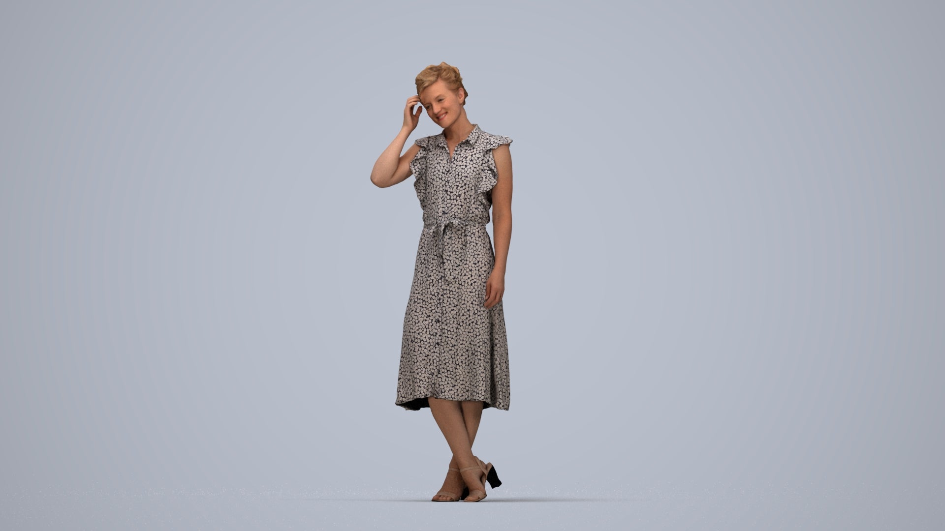 realistic 3D woman casual standing, scanned archviz people for Blender and 3ds Max, top-down view render