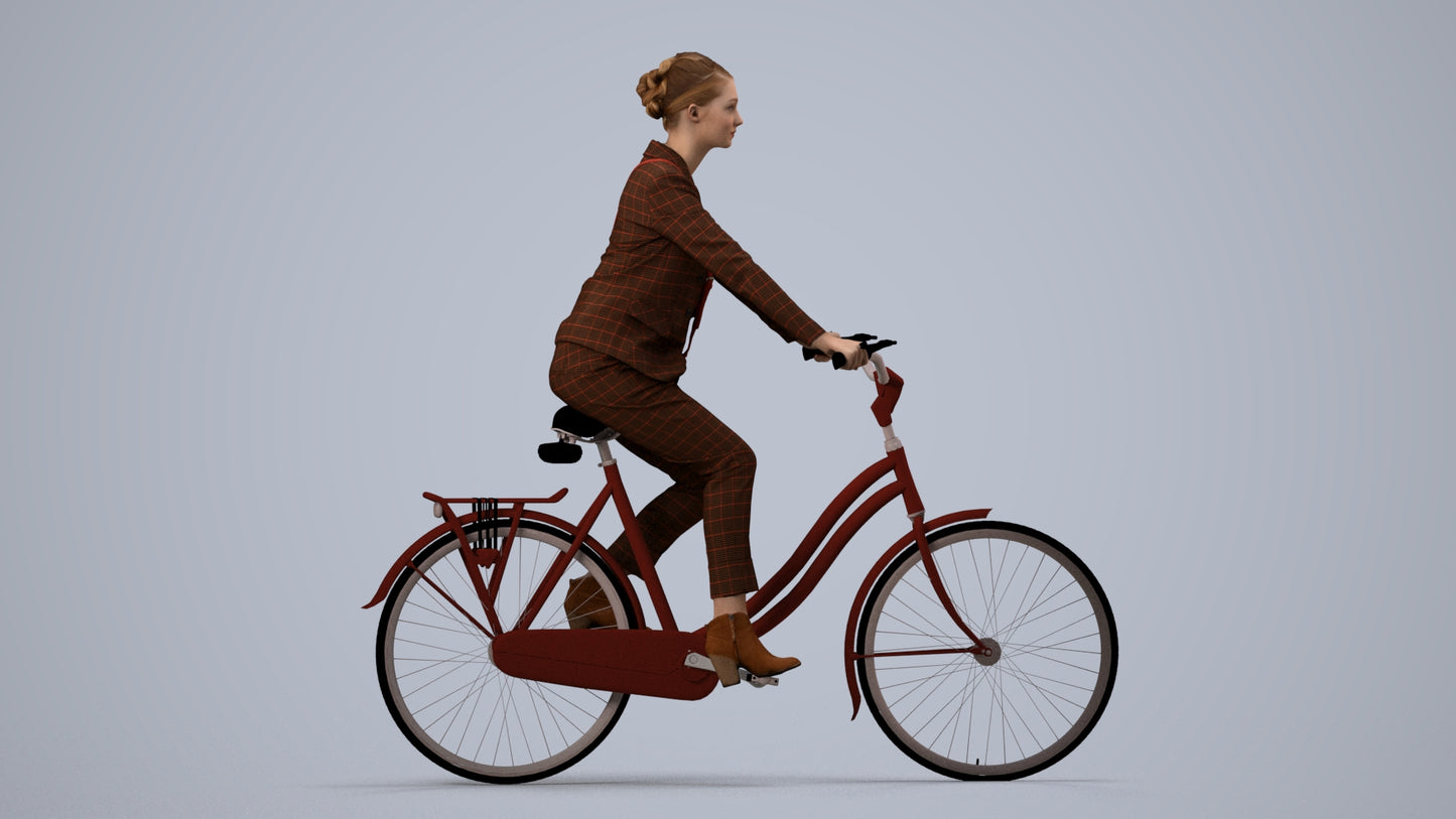 3D human model woman business cycling, photogrammetry scanned person for archviz, side view render