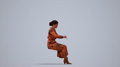 3D human model woman casual sitting, photogrammetry scanned person for archviz, side view render