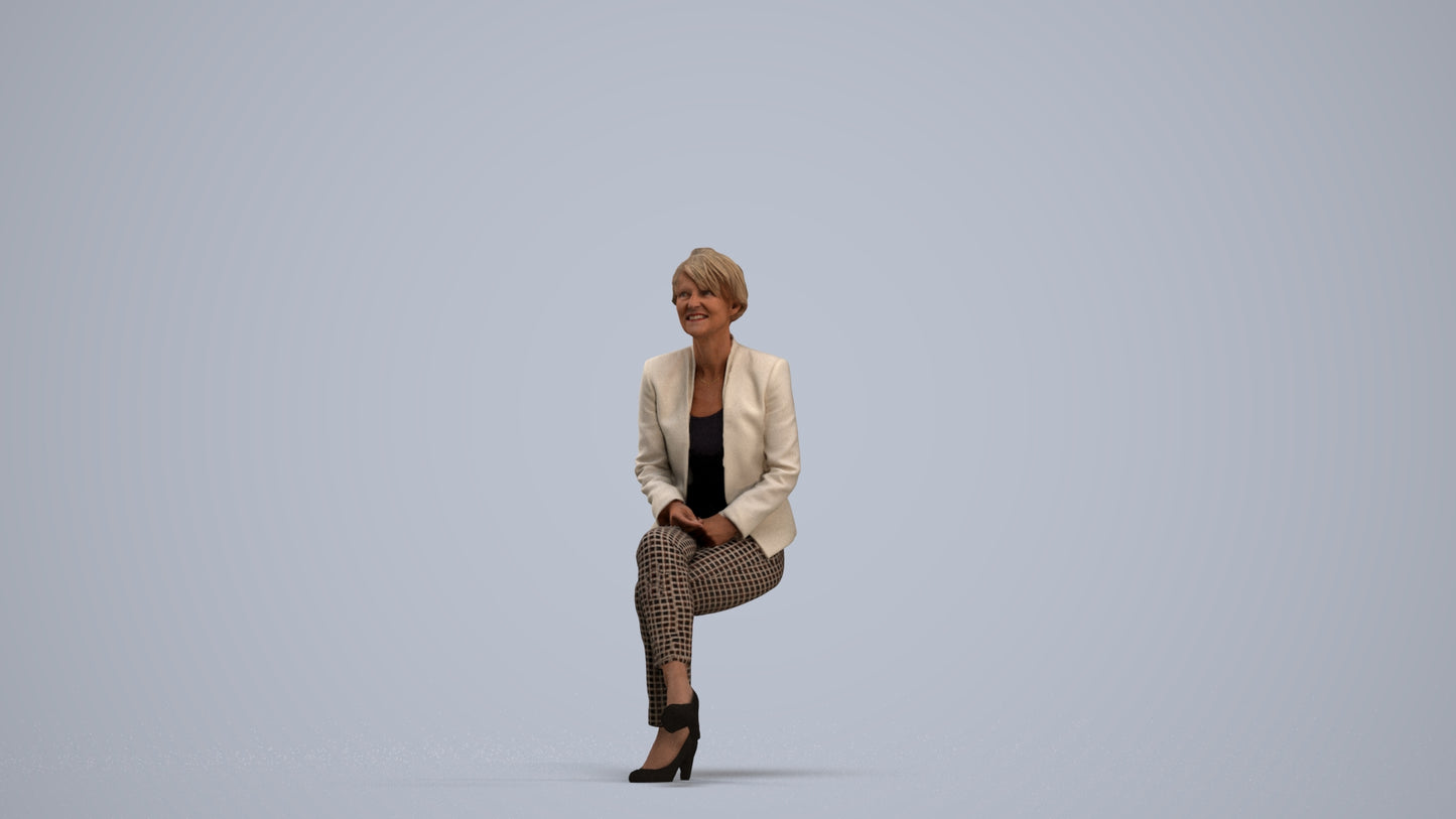 3D human model senior woman business sitting, photogrammetry scanned person for archviz, standing pose render