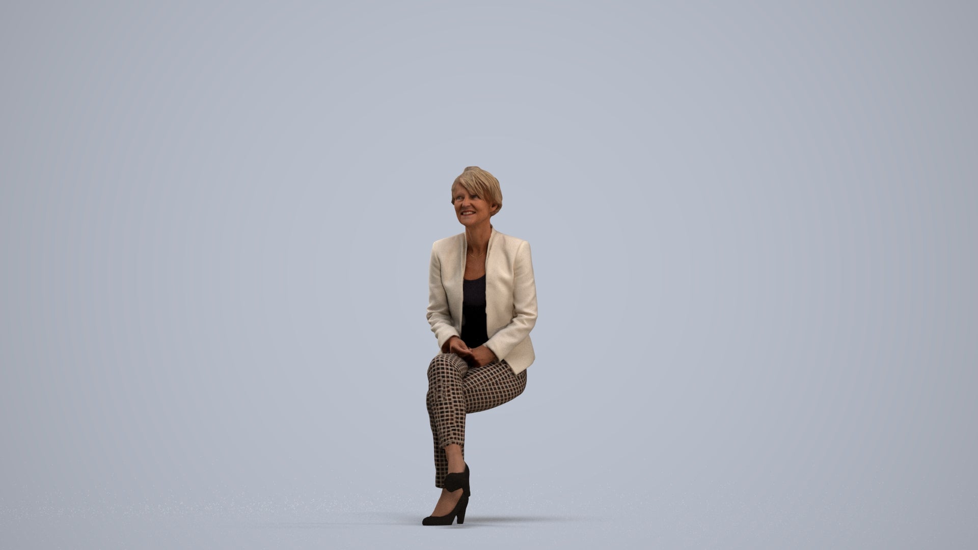 3D human model senior woman business sitting, photogrammetry scanned person for archviz, standing pose render