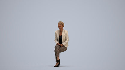 3D human model senior woman business sitting, photogrammetry scanned person for archviz, standing pose render