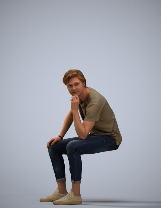 3D scanned man sitting casual, photorealistic archviz people for Enscape and SketchUp