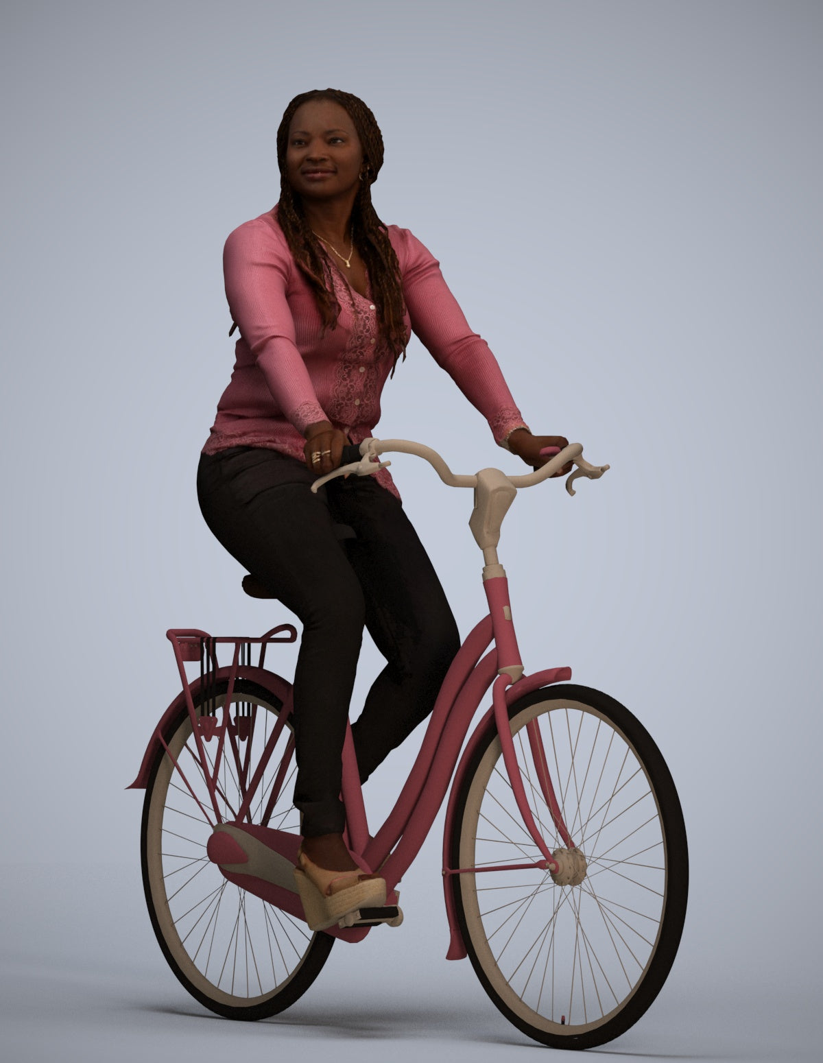 3D human model woman casual cycling, photogrammetry scanned person for archviz