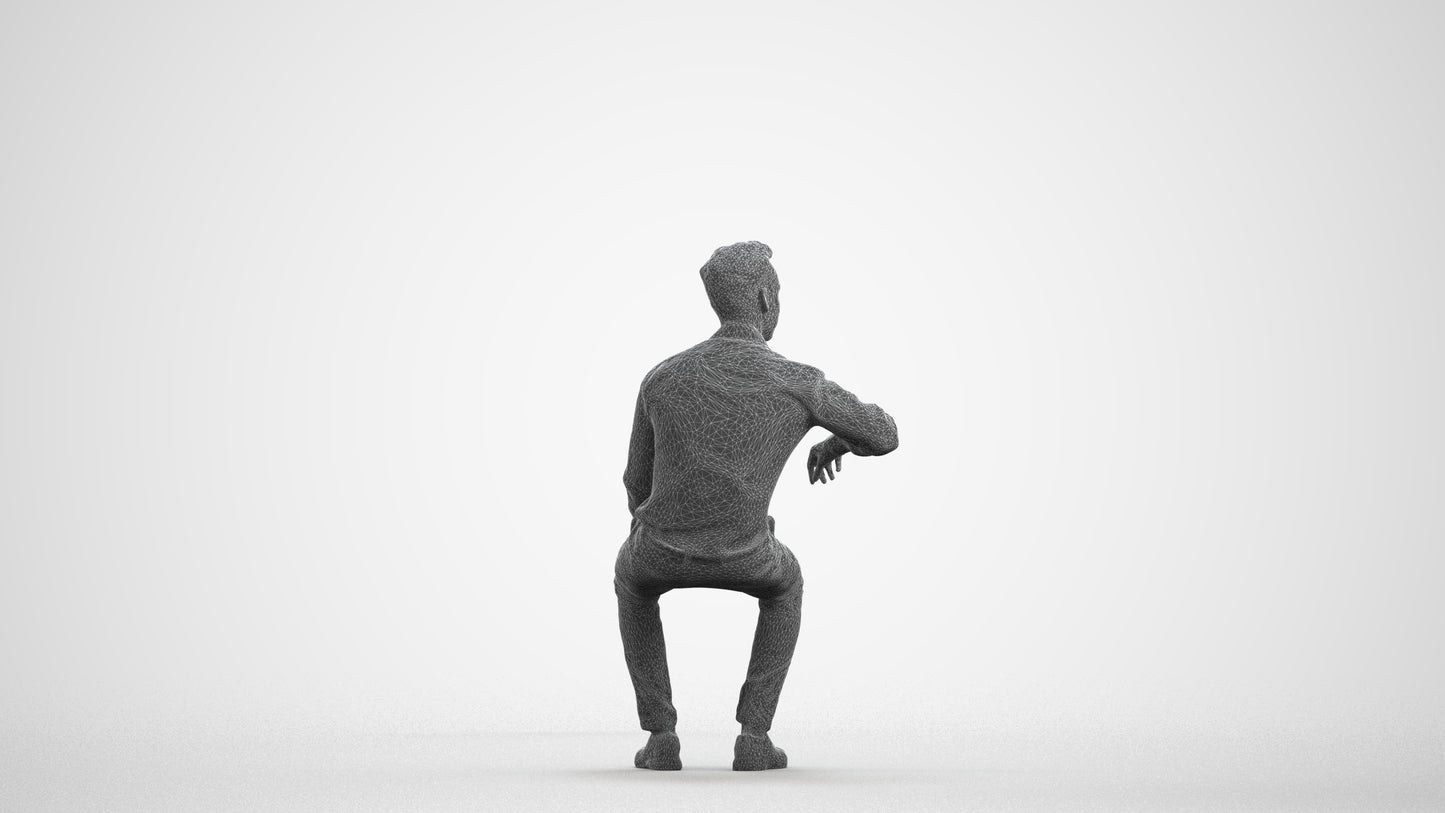 realistic 3D man business sitting, scanned archviz people for Blender and 3ds Max, wireframe front view