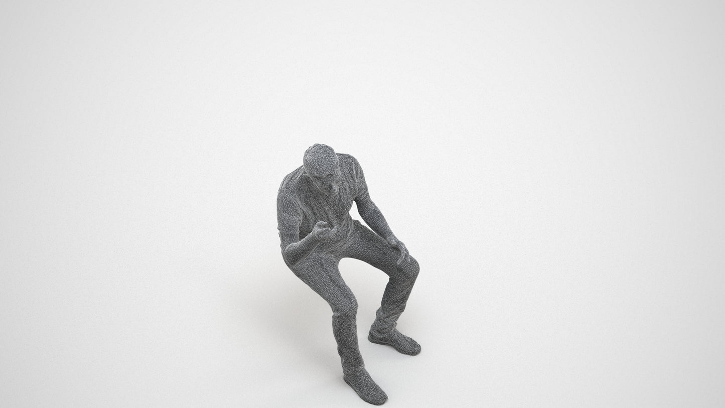 3D human model senior man casual sitting, photogrammetry scanned person for archviz, wireframe three-quarter view
