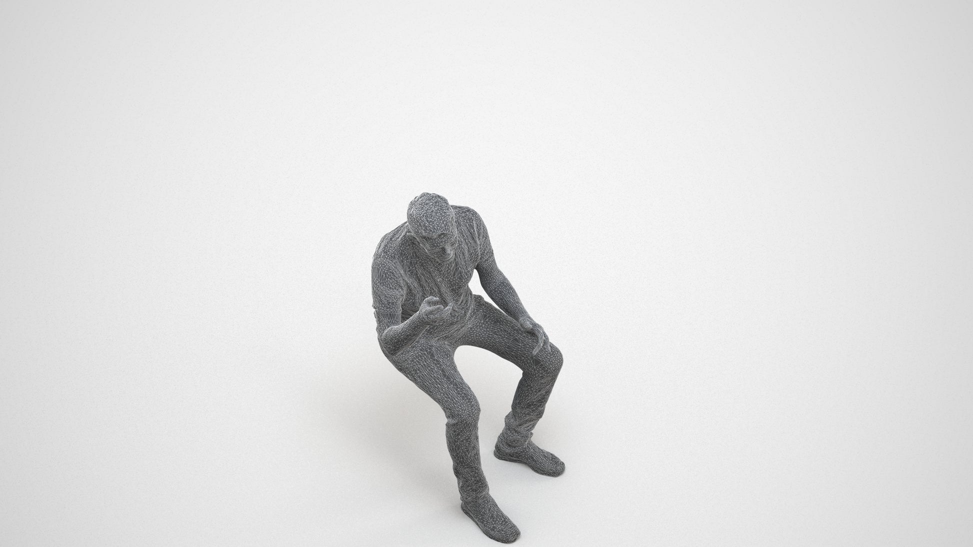 3D human model senior man casual sitting, photogrammetry scanned person for archviz, wireframe three-quarter view