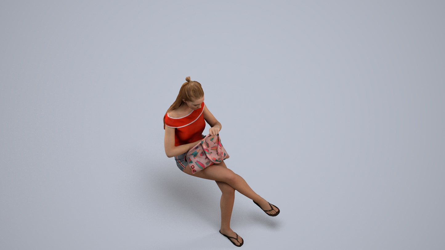 photogrammetry 3D girl casual sitting, realistic human model archviz FBX, back view render