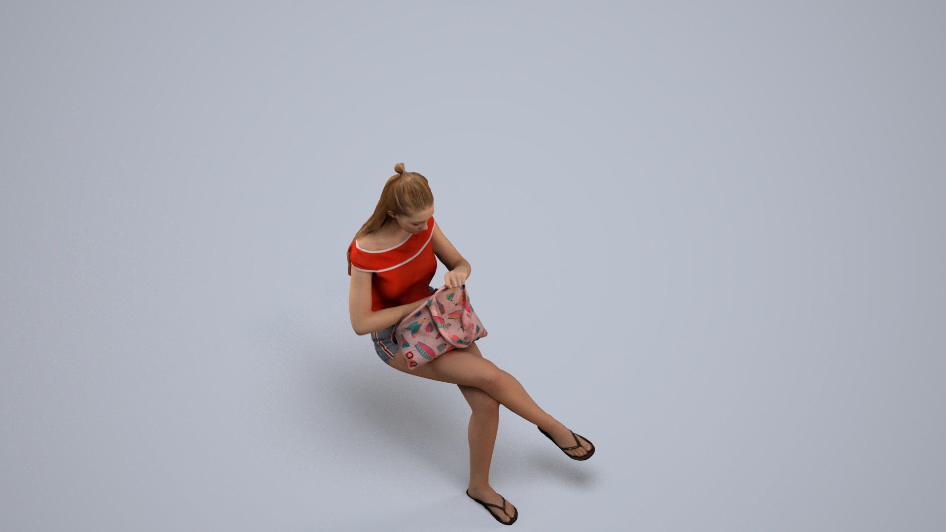 photogrammetry 3D girl casual sitting, realistic human model archviz FBX, back view render
