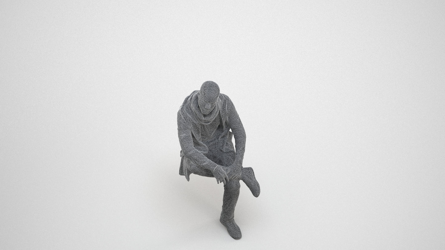 3D people model man casual sitting, scanned human for 3ds Max rendering, wireframe three-quarter view