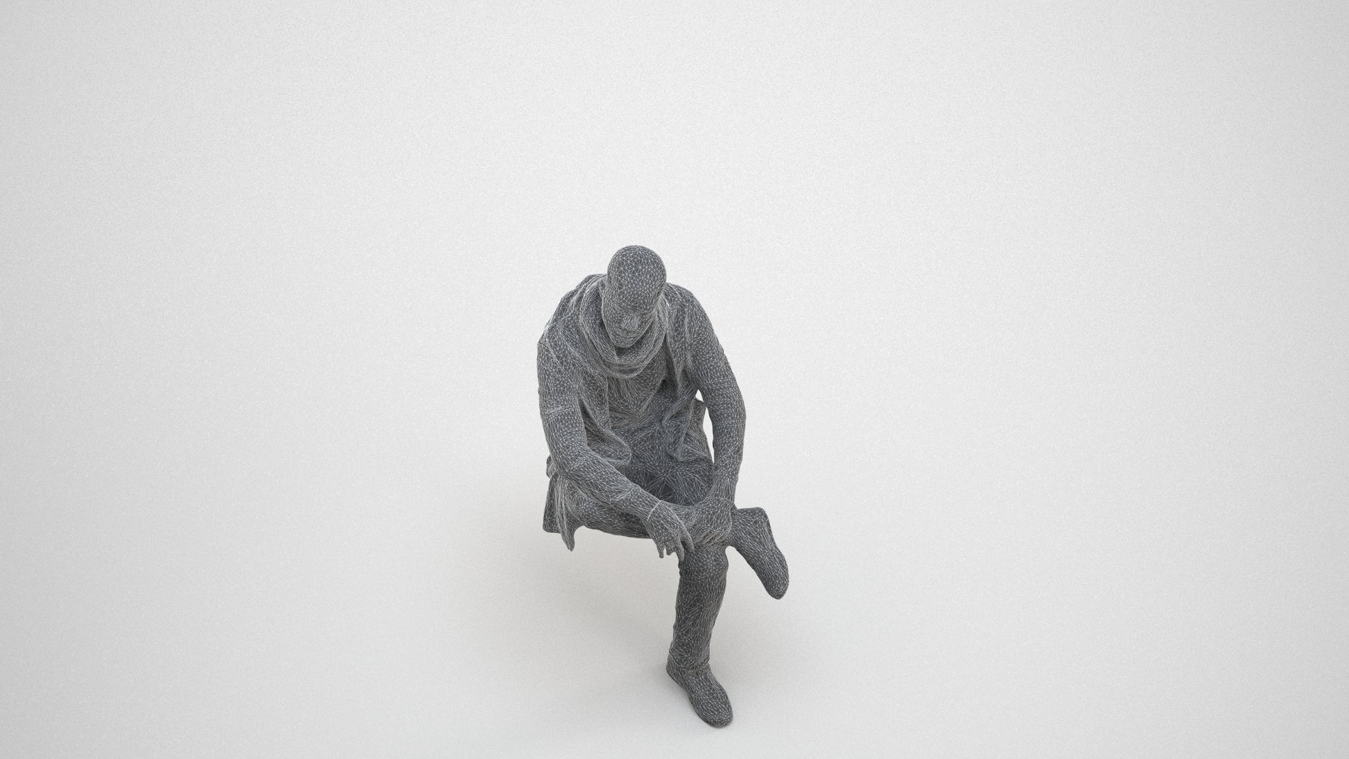 3D people model man casual sitting, scanned human for 3ds Max rendering, wireframe three-quarter view